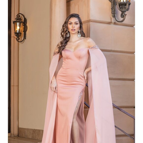 New Off Shoulder Sheath Dress w/ Beads Embroidery & Shoulder Drapes DQ 4306 - Picture 1 of 8